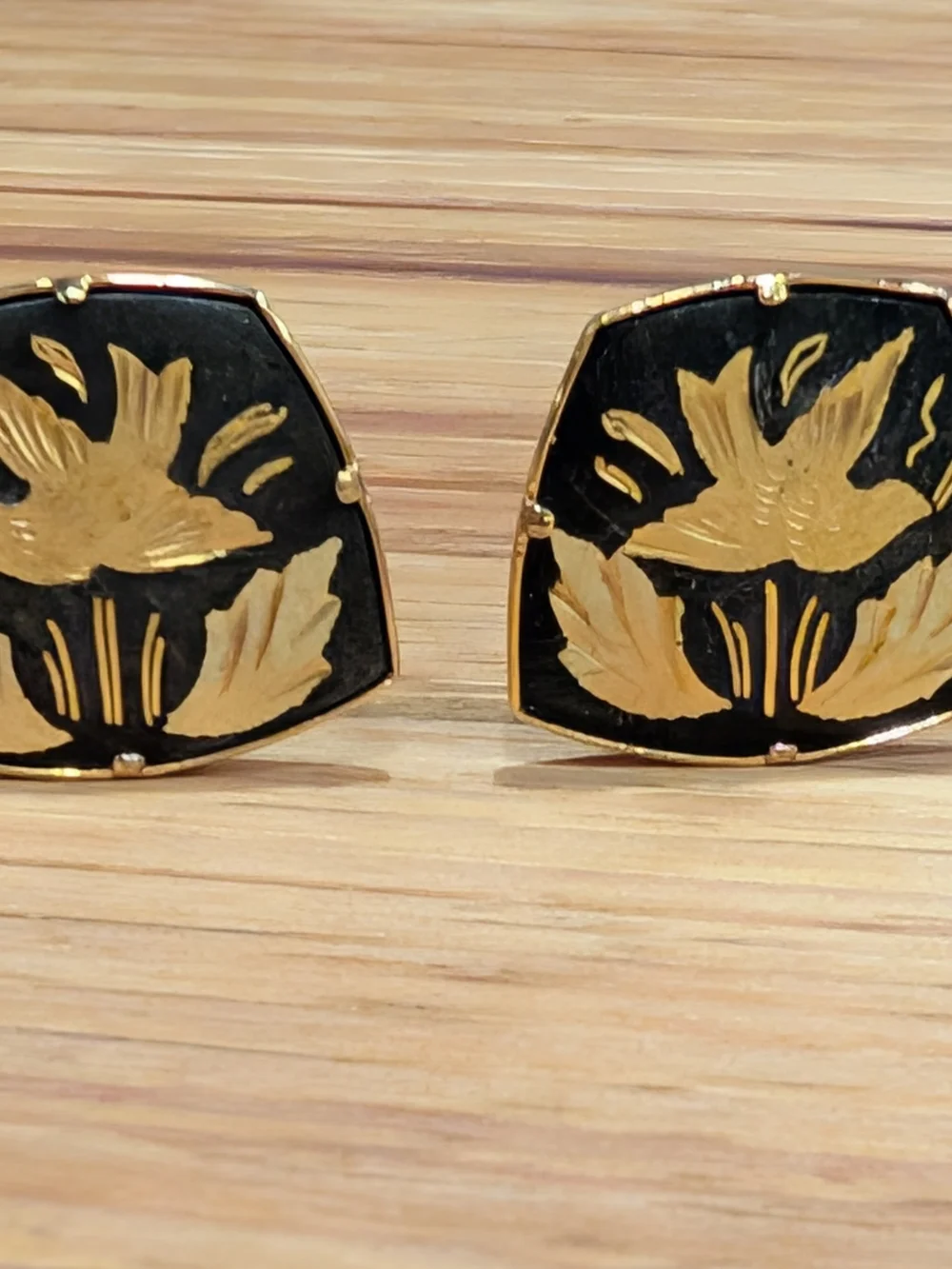 2 Pair Gold and Black Damascene Women’s Clip On Earrings